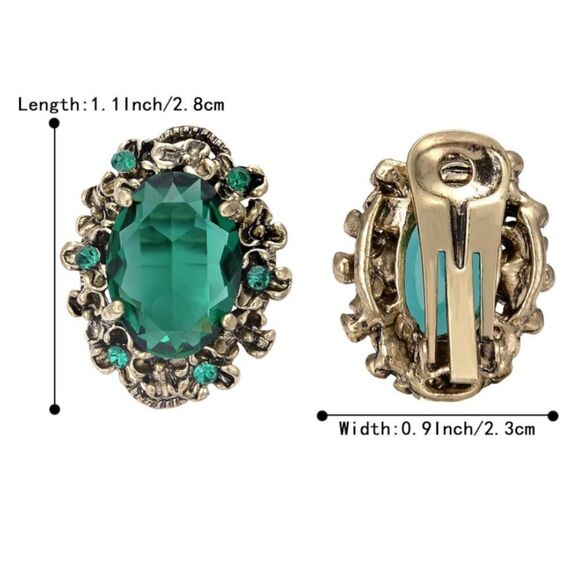 Antique Yellow Gold with Emerald Green Austrian Crystal Cameo Clip On Earrings - Picture 5 of 5